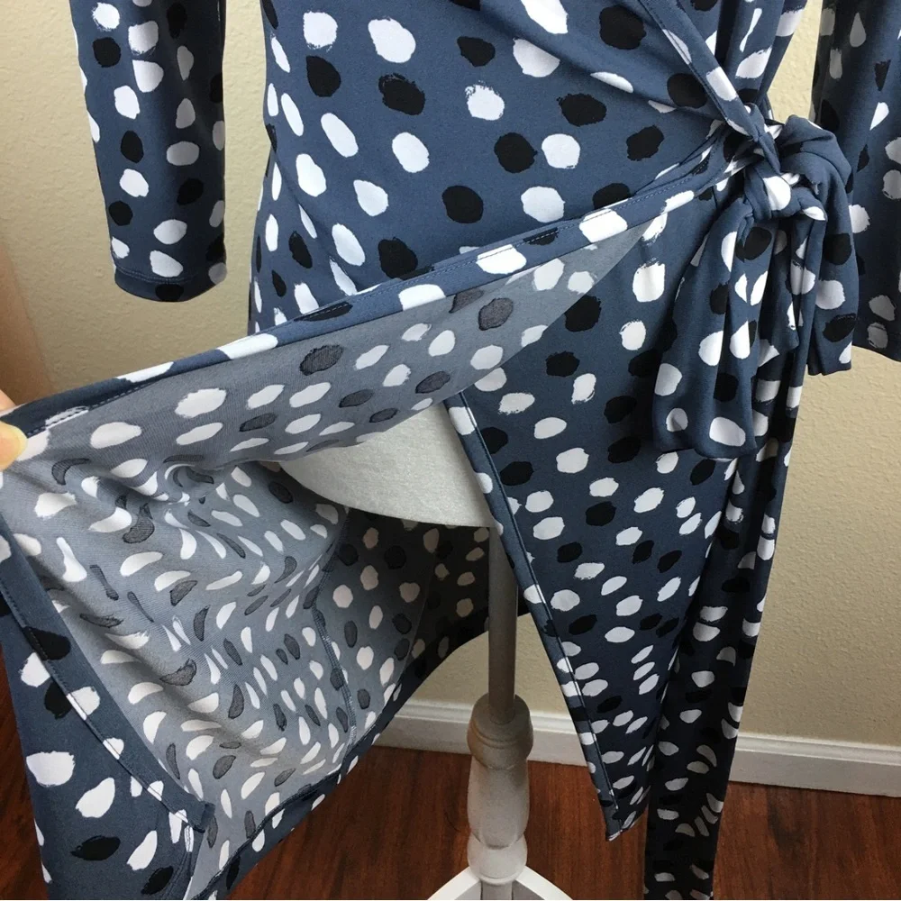 Banana Republic Wrap Dress Gray Black White Polka Dot Stretch 3/4 Sleeve Size S - Picture 6 of 13